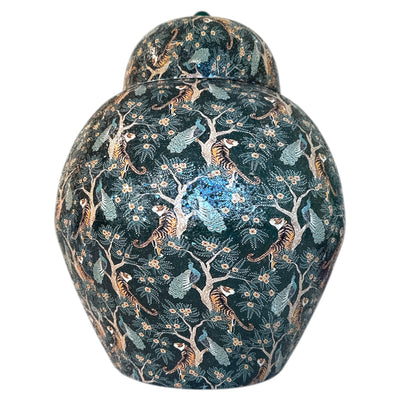 ICCI Home Collection by Dekocandle – Exklusive Deckelvase aus Emaille in Petrol mit Tigermotiven - selectedbyjule - Glas Vase