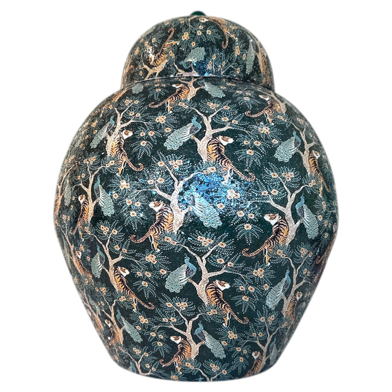 ICCI Home Collection by Dekocandle – Exklusive Deckelvase aus Emaille in Petrol mit Tigermotiven - selectedbyjule - Glas Vase